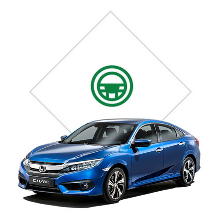 Vue de trois quarts avant de la Honda Civic 4 portes avec illustration de l'essai.