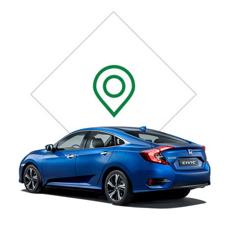 Vue de trois quarts arri&egrave;re de la Honda Civic 4 portes avec illustration d'une concession.