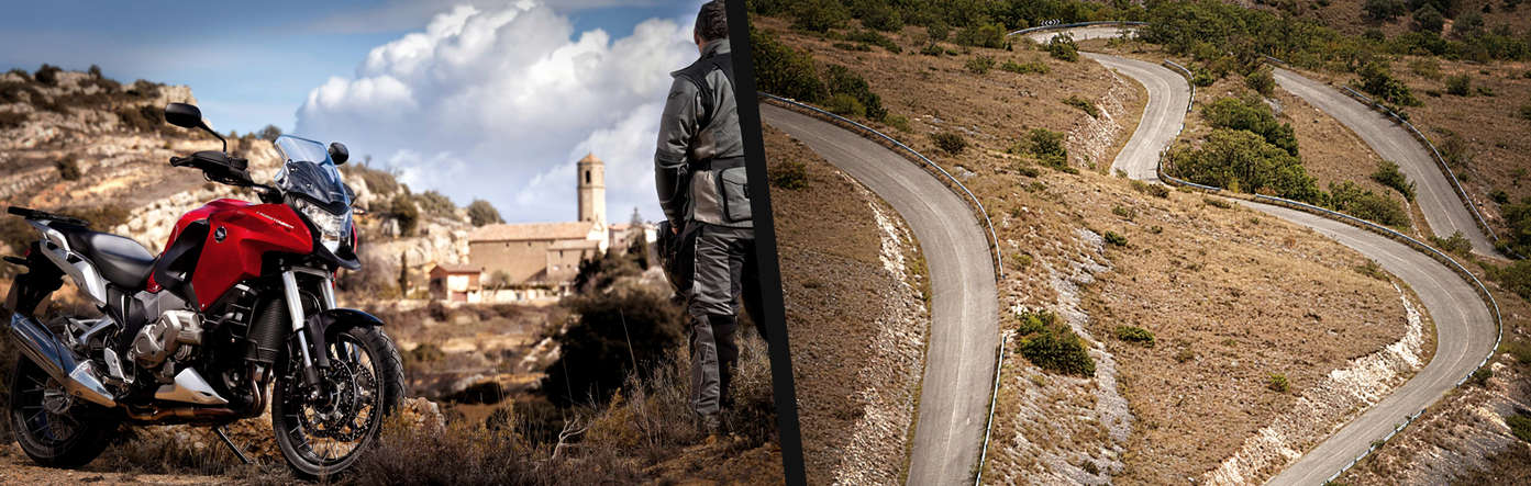 Split image showing a Honda Crostourer with a rider standing beside it to the left, and a twisty road to the right.