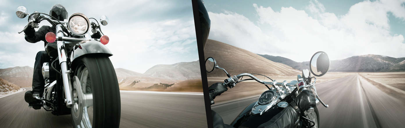 Split image showing a Honda Shadow frontal shot on the left, and a parked Honda Shadow on the right hand side.