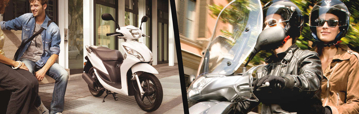 Split image showing parked honda vision scooter with a couple sitting beside it on an urban location to the left and a couple riding a Honda scooter to the right.