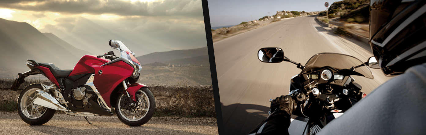Split image showing a side view of a Honda VFR1200F on parkside location to the left, and an over the rider's shoulder view of a Honda VFR800 on the right.