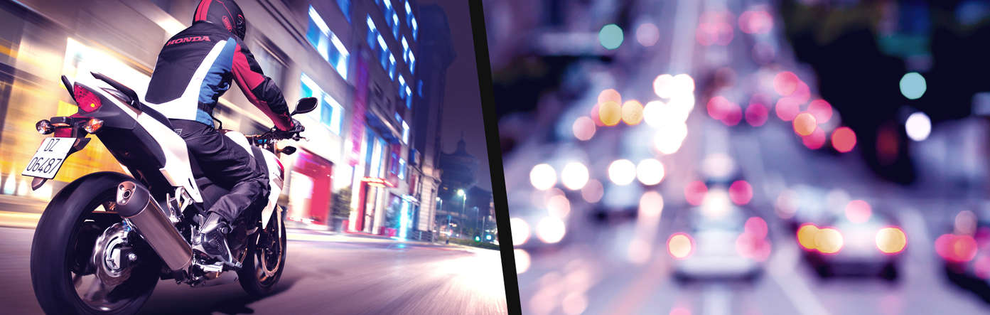 Split image showing a Honda CB1000R with rider on road location to the right, and busy city traffic to the left.