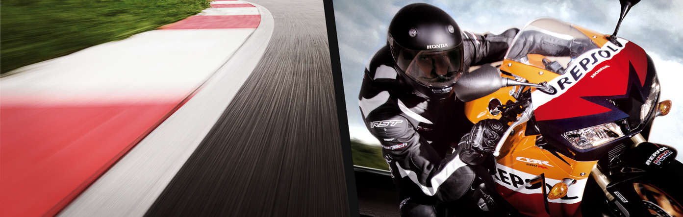 Split image showing a race track to the left and the front view of Honda CBR600RR with rider on the right.