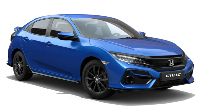 Vue de trois quarts avant de la Honda Civic Exclusive Sport Line en Bleu Obsidian Nacré
