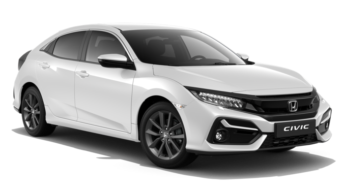 Vue de trois quarts avant de la Honda Civic 5 Portes Elegance Sport Line en Blanc Platine