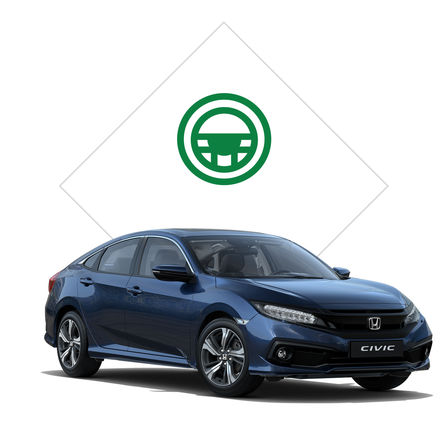 Vue de trois quarts avant de la Honda Civic 4 portes avec illustration de l'essai.