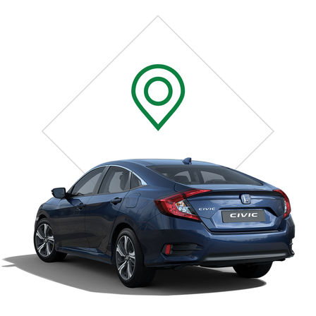 Vue de trois quarts arrière de la Honda Civic 4 portes avec illustration d'une concession.
