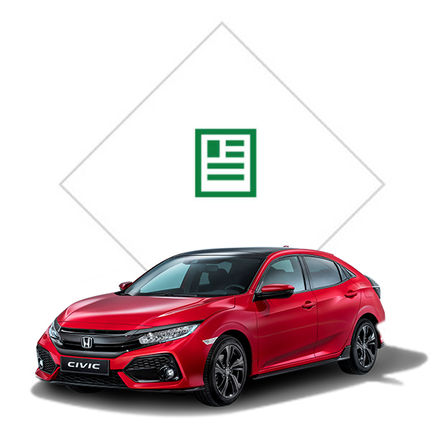 Vue de trois quarts avant de la Honda Civic avec illustration de la brochure.