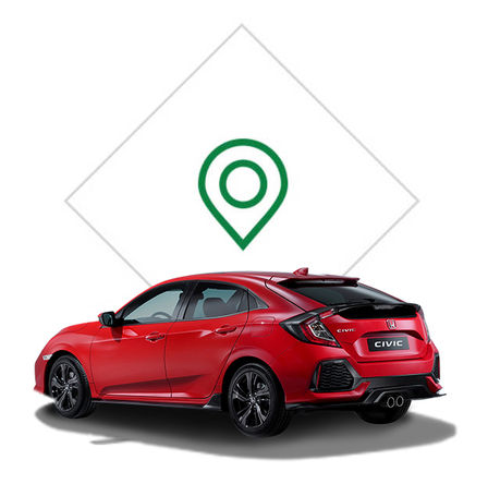 Vue de trois quarts arrière de la Honda Civic avec illustration d'une concession.