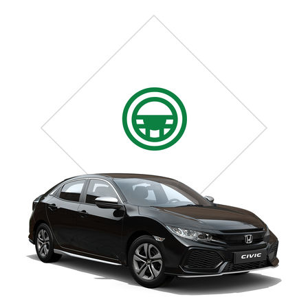 Vue de trois quarts avant de la Honda Civic avec pack Silver Line avec illustration de l'essai sur route.
