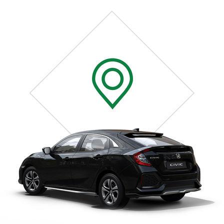 Vue latérale de la Honda Civic avec pack Silver Line avec illustration d'une concession.