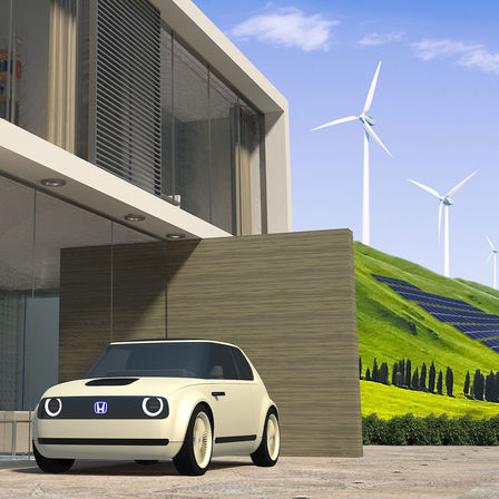 Vue de trois-quarts avant de la Honda Urban EV Concept à énergie renouvelable.