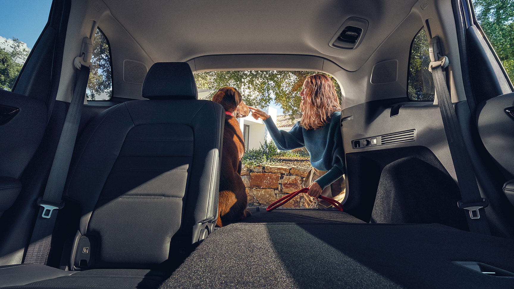 Arrière du Honda CR-V hybride avec sièges arrière rabattus et un chien dans le coffre.