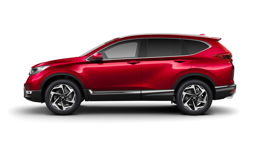 Vue latérale du Honda CR-V en Premium Crystal Red Metallic.