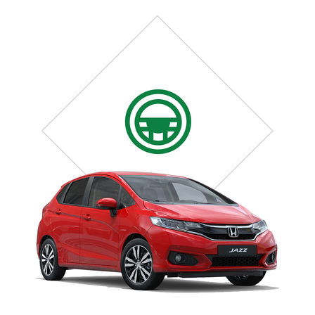 Vue de trois quarts avant de la Honda Jazz avec illustration de l'essai sur route.