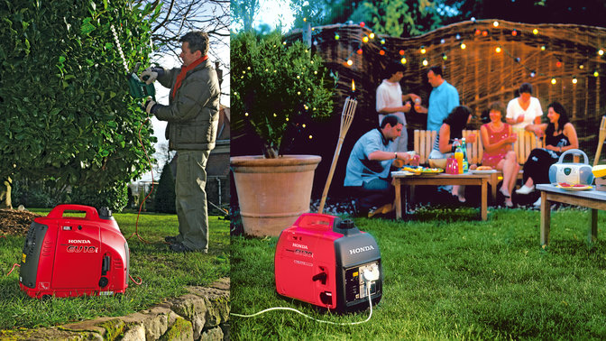 2x groupes électrogènes portables Honda utilisés par un modèle, dans le jardin.