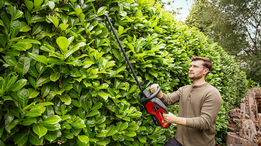 Femme utilisant un taille-haie sans fil Honda pour tailler une haie dans un jardin.