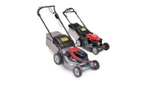 2x Honda lawnmowers, front three quarter, right facing.