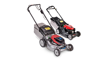 2x Honda lawnmowers, front three quarter, right facing.