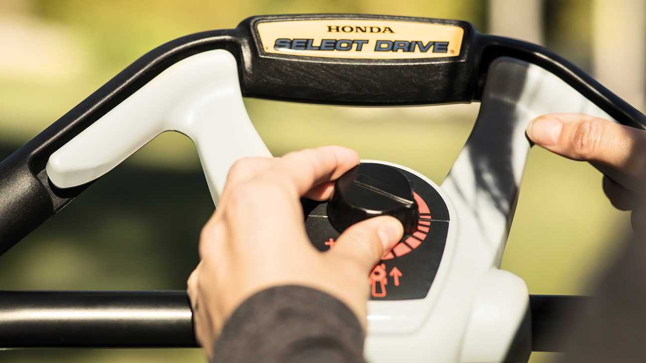 Honda HRX lawnmower select drive close up.