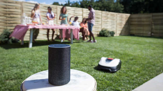 Gros plan sur Amazon Alexa avec une Miimo et une fête dan un jardin en arrière-plan.