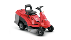 Ride-on mower, front three-quarter, right facing.