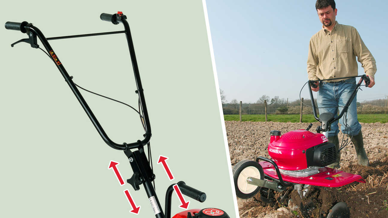 Gauche : motobineuse mettant en évidence le guidon réglable en hauteur. Droite : motobineuse en fonctionnement dans un jardin.