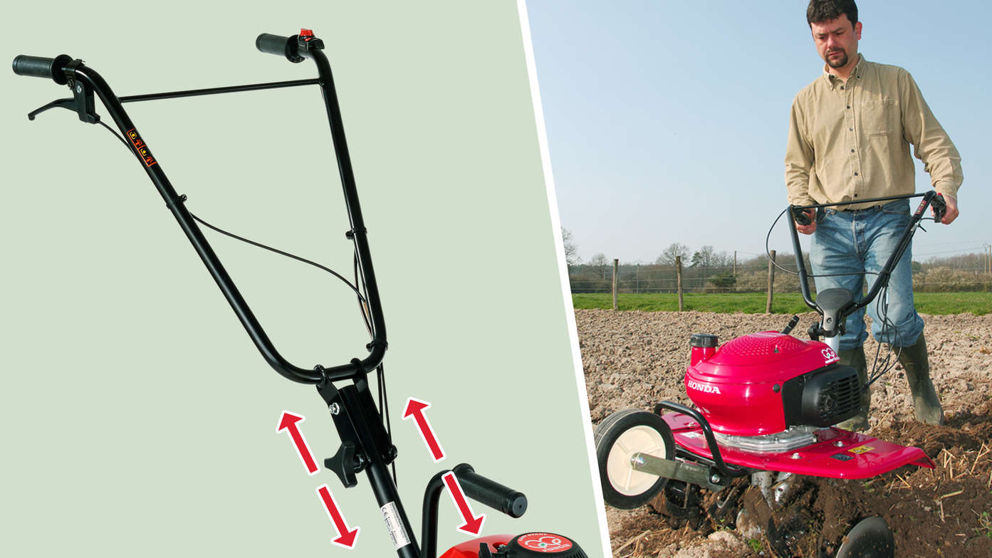 Gauche : motobineuse mettant en évidence le guidon réglable en hauteur. Droite : motobineuse en fonctionnement dans un jardin.