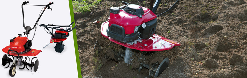 Gauche : 2 motobineuses Honda Droite : motobineuse, en fonctionnement dans un jardin.