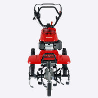 Motobineuse &eacute;quip&eacute;e d'outils rotatifs, vue de face.