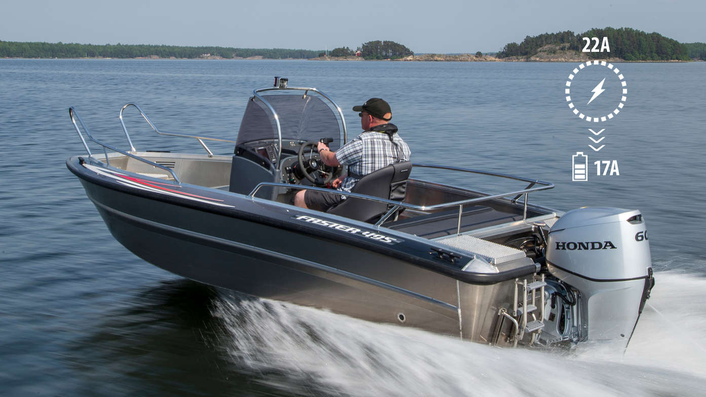 Boat using Honda engine, being used by model, coastal location. Battery illustration.