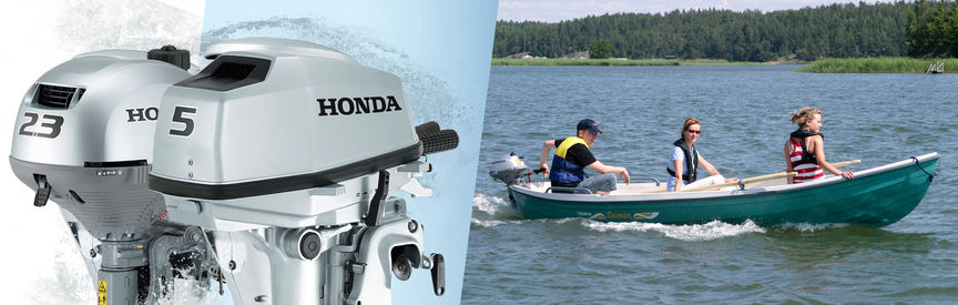 Gauche : 2 moteurs Honda Marine Droite : bateau équipé d'un moteur Honda, utilisé par des démonstrateurs, sur un lac.