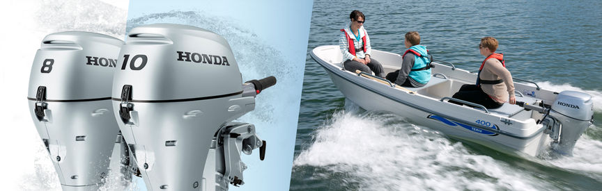 Gauche : 2 moteurs Honda Marine Droite : bateau équipé d'un moteur Honda, utilisé par des démonstrateurs, sur le littoral.