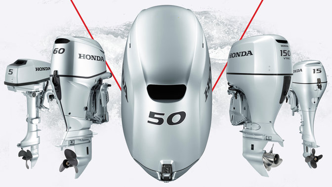 5 moteurs Honda Marine, de trois quarts face.