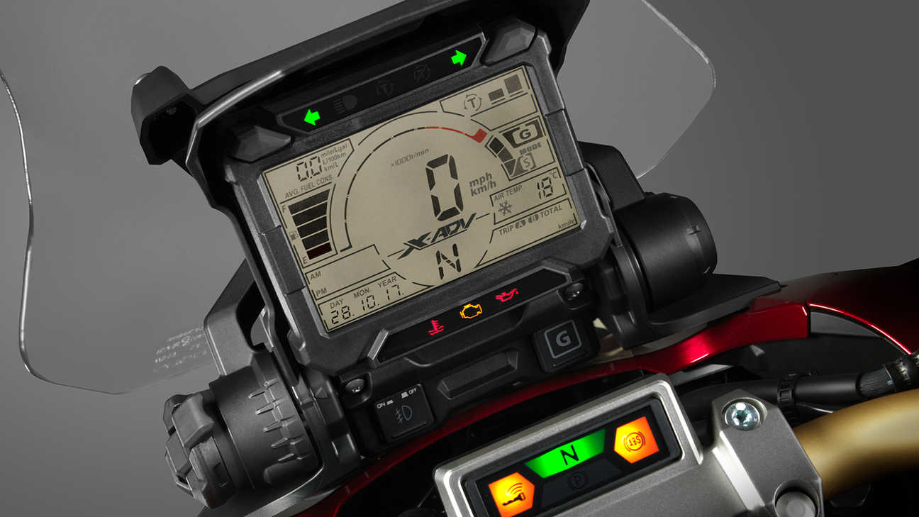 Gros plan sur le tableau de bord du Crossover Honda X-ADV.