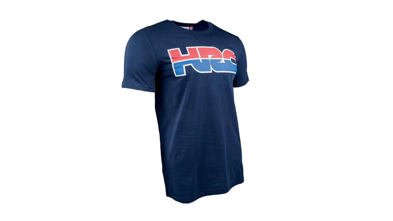 T-shirt HRC bleu avec logo Honda Racing Corporation.