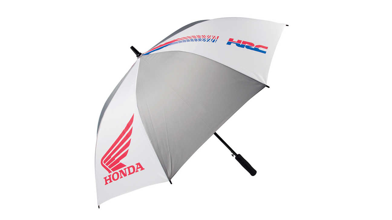 Parapluie Honda HRC gris et blanc, avec logo représentant les ailes Honda.