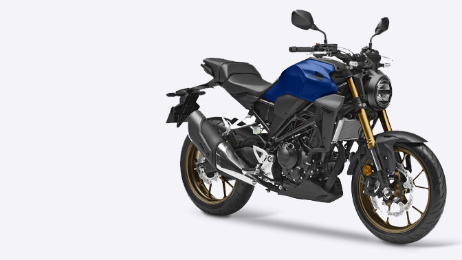 Vue de trois quarts avant de la Honda CB300R Neo Sports Café.