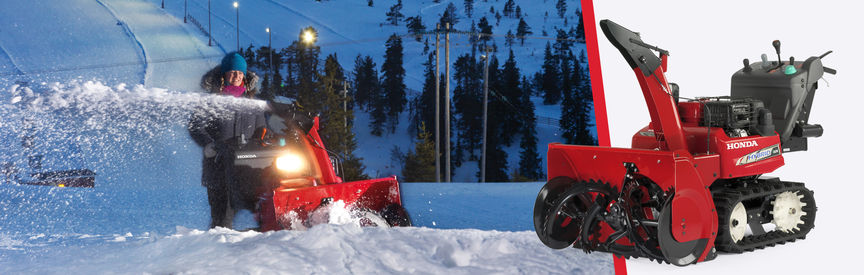 Gauche : fraise à neige hybride utilisée par un démonstrateur, en montagne. Droite : fraise à neige hybride frontale trois quart, latérale gauche 