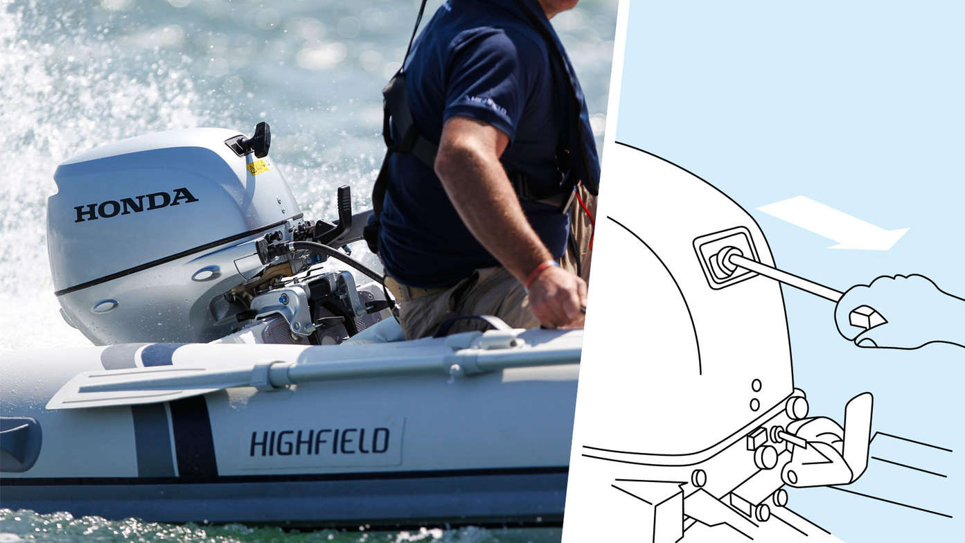 Left: Boat with BF10 engine, being used by model, coastal location. Right: Illustration of decompression system.